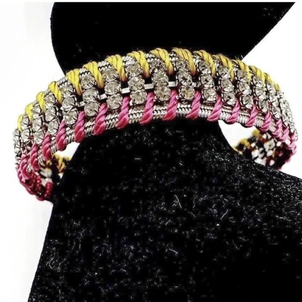 LOFT‎ Woven Rhinestone Cord Bracelet Silver Tone Pink Yellow Magnetic Clasp J-01
